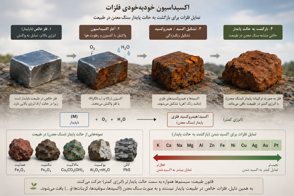 Figure 1: The spontaneous oxidation process and the tendency of metals to return to the stable state of ore in nature.